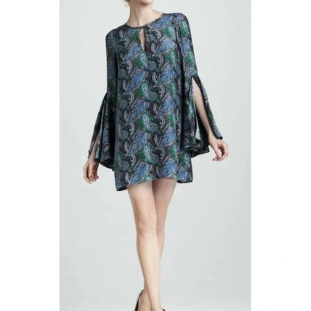 Elizabeth James Paisley boho blue xs Bell Silk Mini Dress‎ cottage fairy Y2K